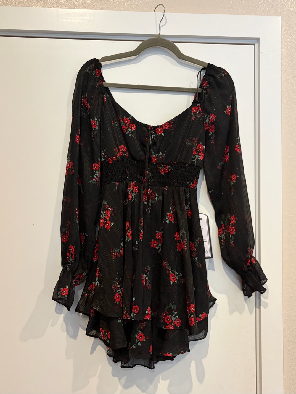 Macy's Black Mini Dress with Red Floral Design